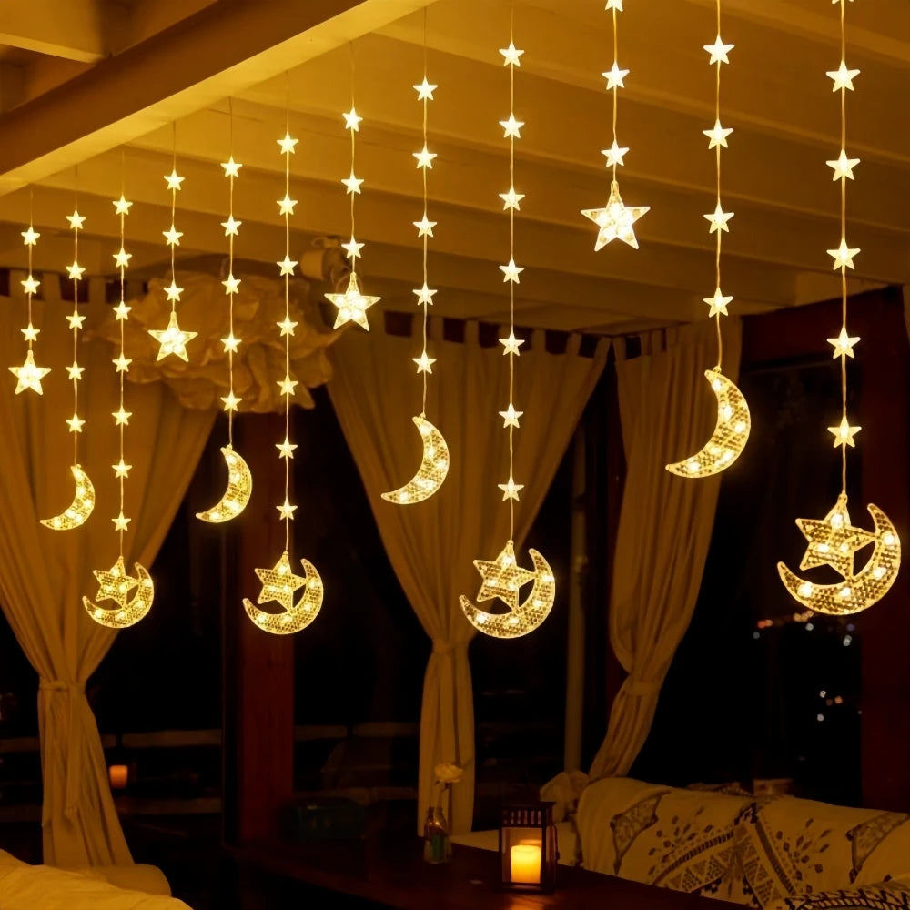 3.5M Waterproof Battery Box Powered Star & Moon Curtain String Ramadan LED Lights