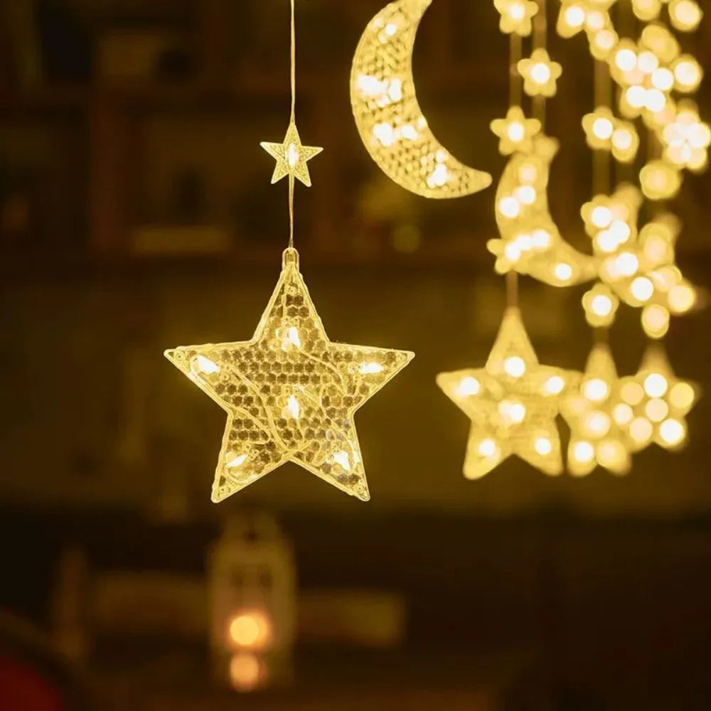 3.5M Waterproof Battery Box Powered Star & Moon Curtain String Ramadan LED Lights