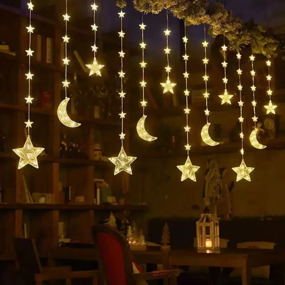 3.5M Waterproof Battery Box Powered Star & Moon Curtain String Ramadan LED Lights