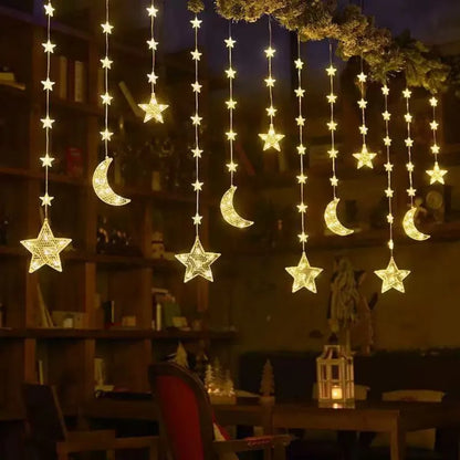 3.5M Waterproof Battery Box Powered Star & Moon Curtain String Ramadan LED Lights