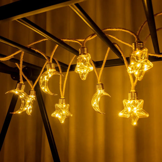 5M Solar Powered Hemp Rope Star & Moon LED Lights