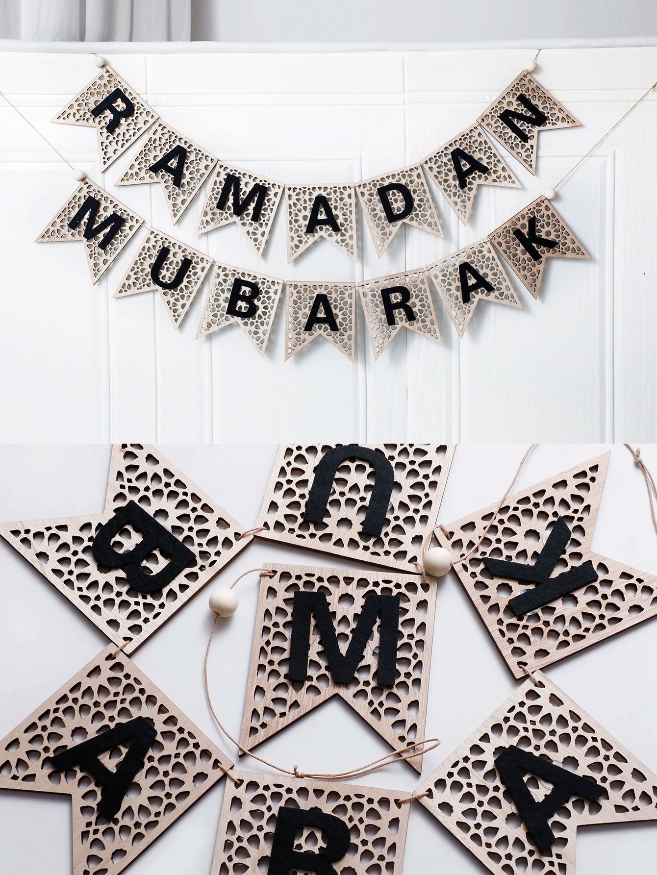 Wooden Eid Mubarak Hanging Decoration Black Text