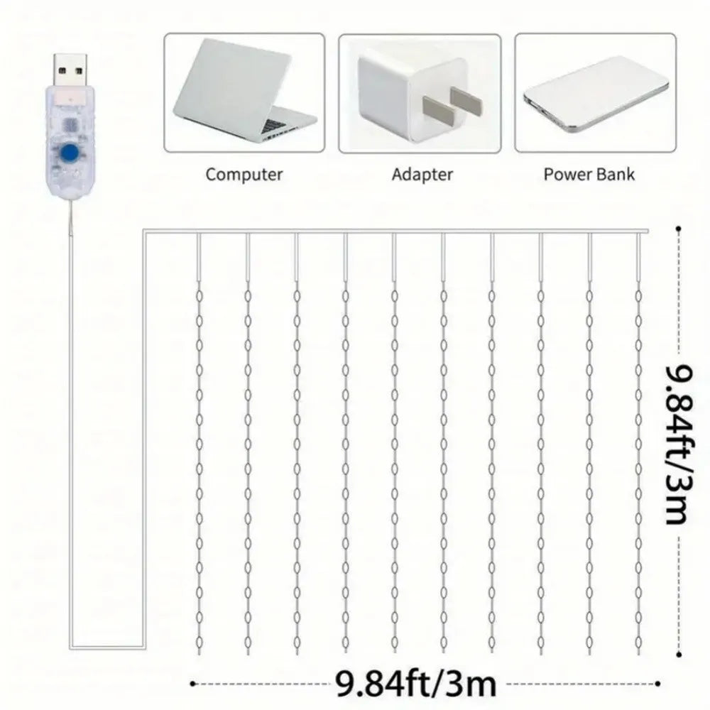 USB Power Curtain String LED Lights with Remote 8 Modes 3M x 3M