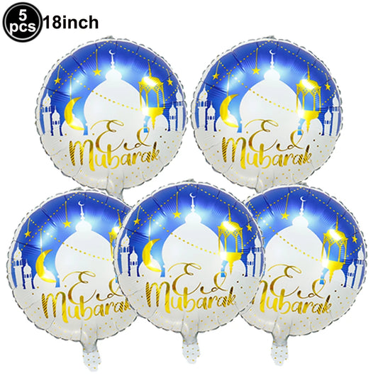 5PCs Eid Mubarak Balloons Blue/White