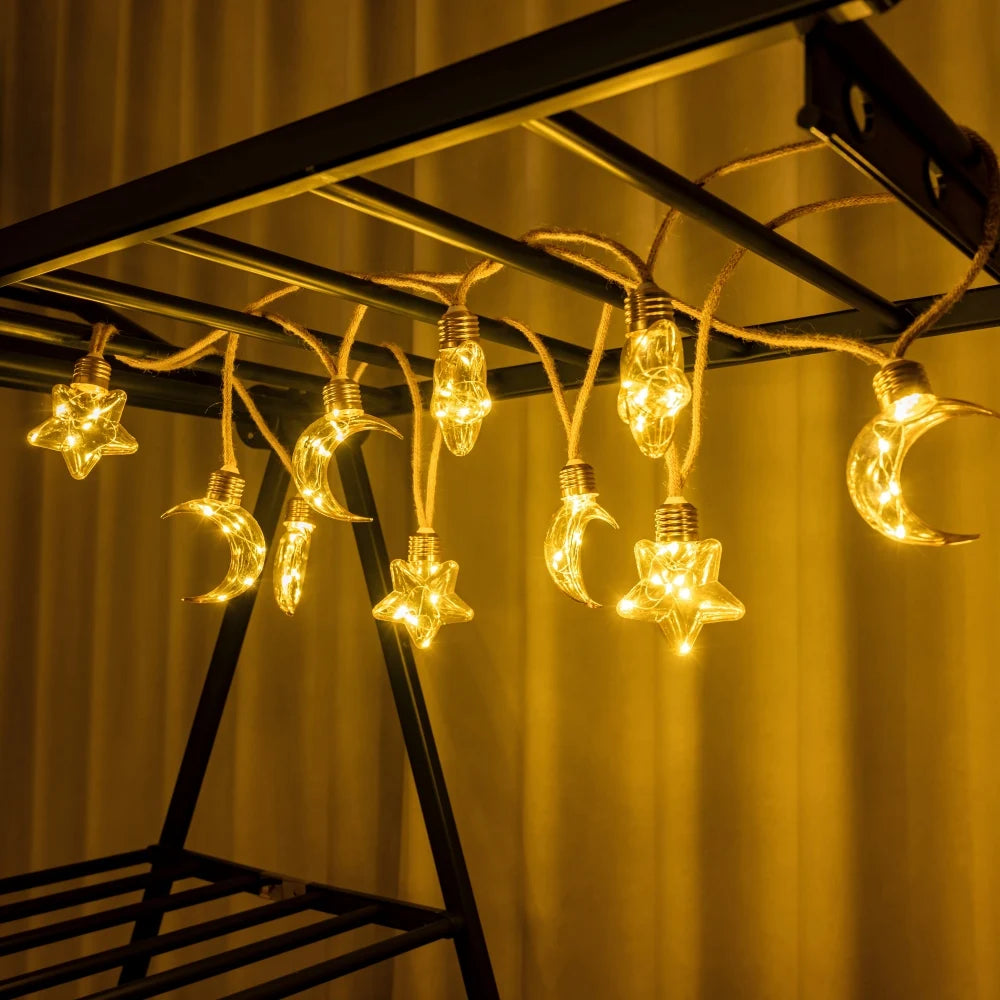 5M Solar Powered Hemp Rope Star & Moon LED Lights